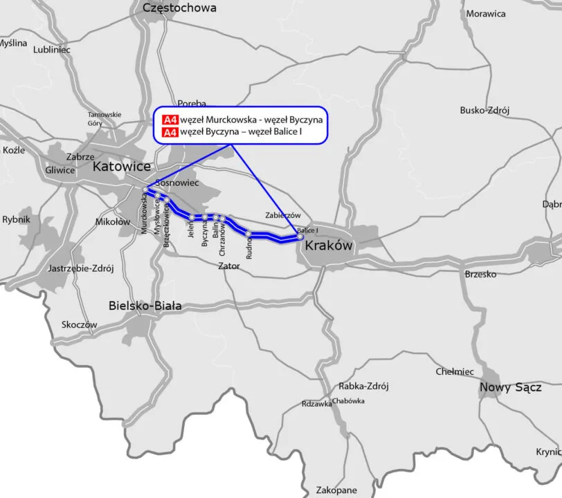 Mapa rozbudowy autostrady A4 Murckowska - Byczyna, Byczyna - Balice I. Źródło: GDDKiA.