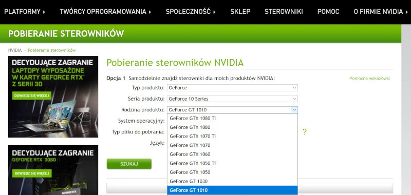 GeForce GT 1010 w sekcji pobierania sterowników