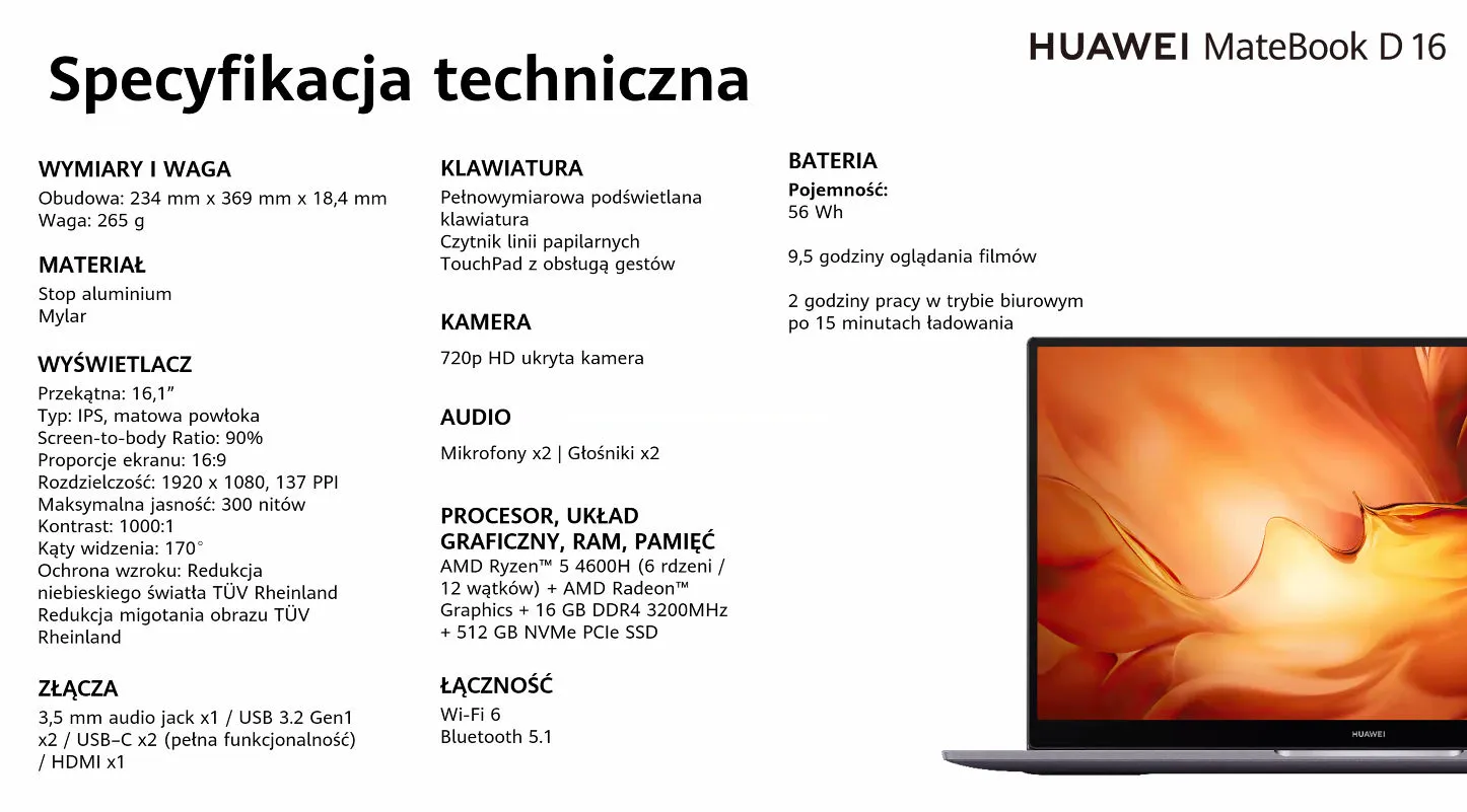 Huawei MateBook D 16 - specyfikacja techniczna