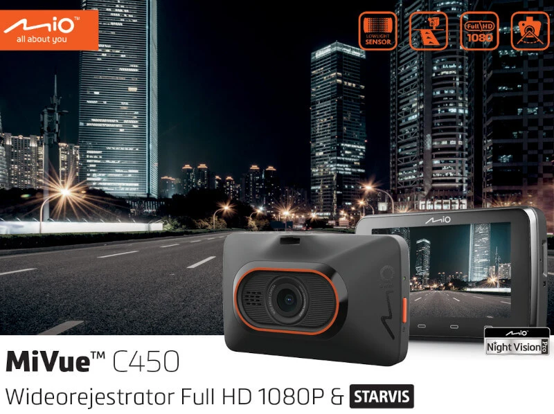 Rejestrator samochodowy Mio MiVue C450 ze szczegółową nocną wizją