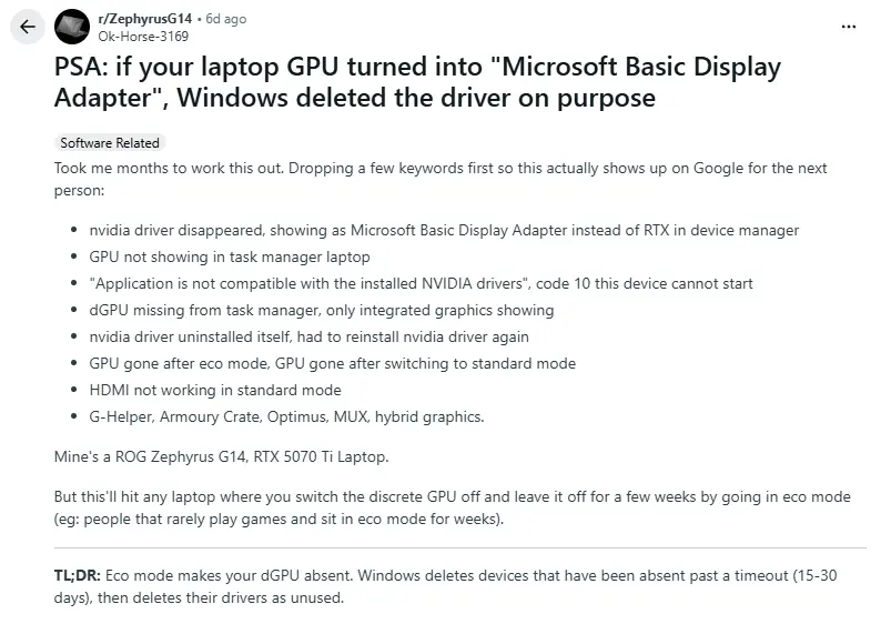 Windows usunął sterowniki z laptopa ROG Zephyrus G14.