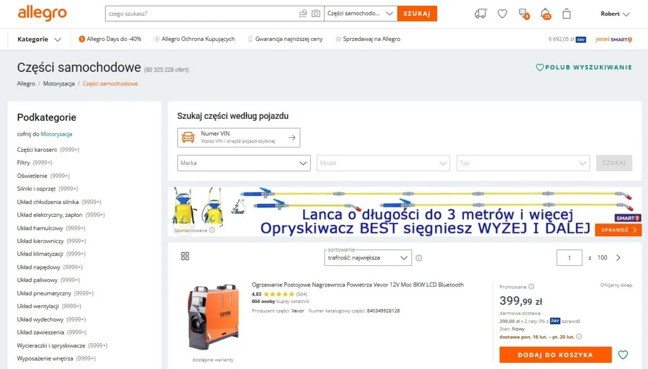 Allegro uruchomiło automatyczne filtrowanie części samochodowych, opon i felg po numerze VIN. Źródło: Allegro