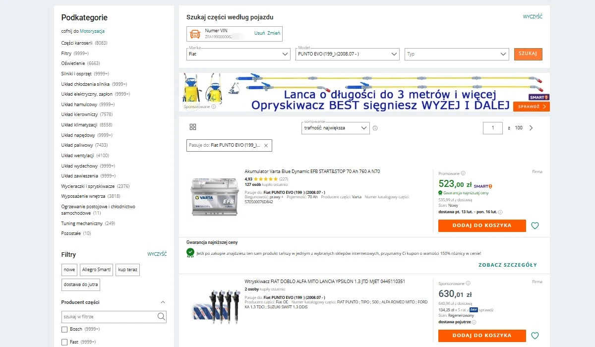 Po wpisaniu numeru VIN pojawiają się części do jednego modelu auta. Źródło: Allegro