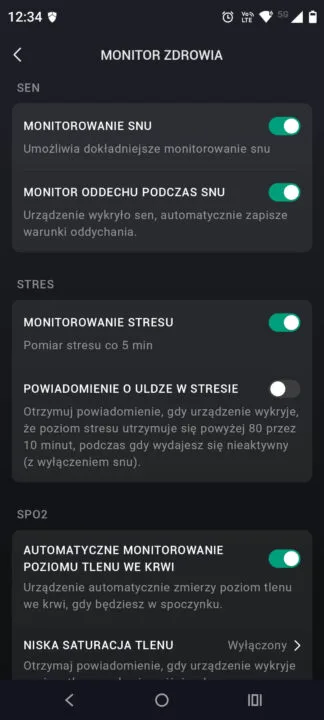 Zepp App: ustawienia w monitor zdrowia, sen, stres