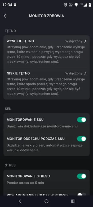 Zepp App: ustawienia w monitor zdrowia