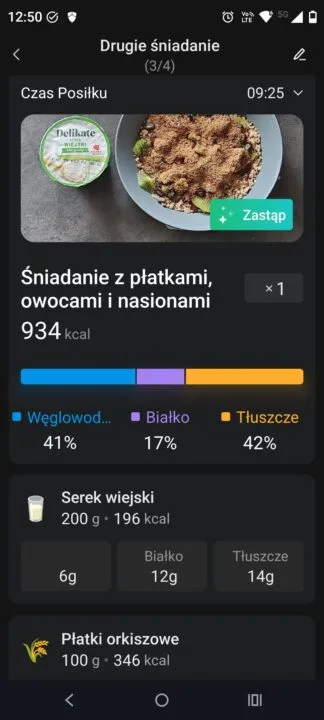 Zepp App: śniadanie, zdjęcie posiłku