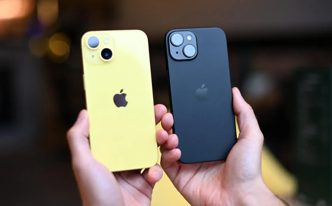 iPhone 14 (żółty) i iPhone 15 (czarny) 