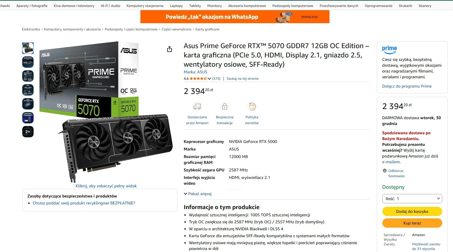 Asus GeForce RTX 5070 w promocji na Amazon. Dobra okazja na kartę NVIDIA