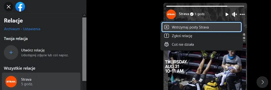 Obrazek pokazuje położenie opcji Wstrzymaj posty w ustawieniach Relacji na FB