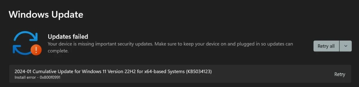 Błąd w Windows 11 KB5034123 aktualizacja nie chce się zainstalować