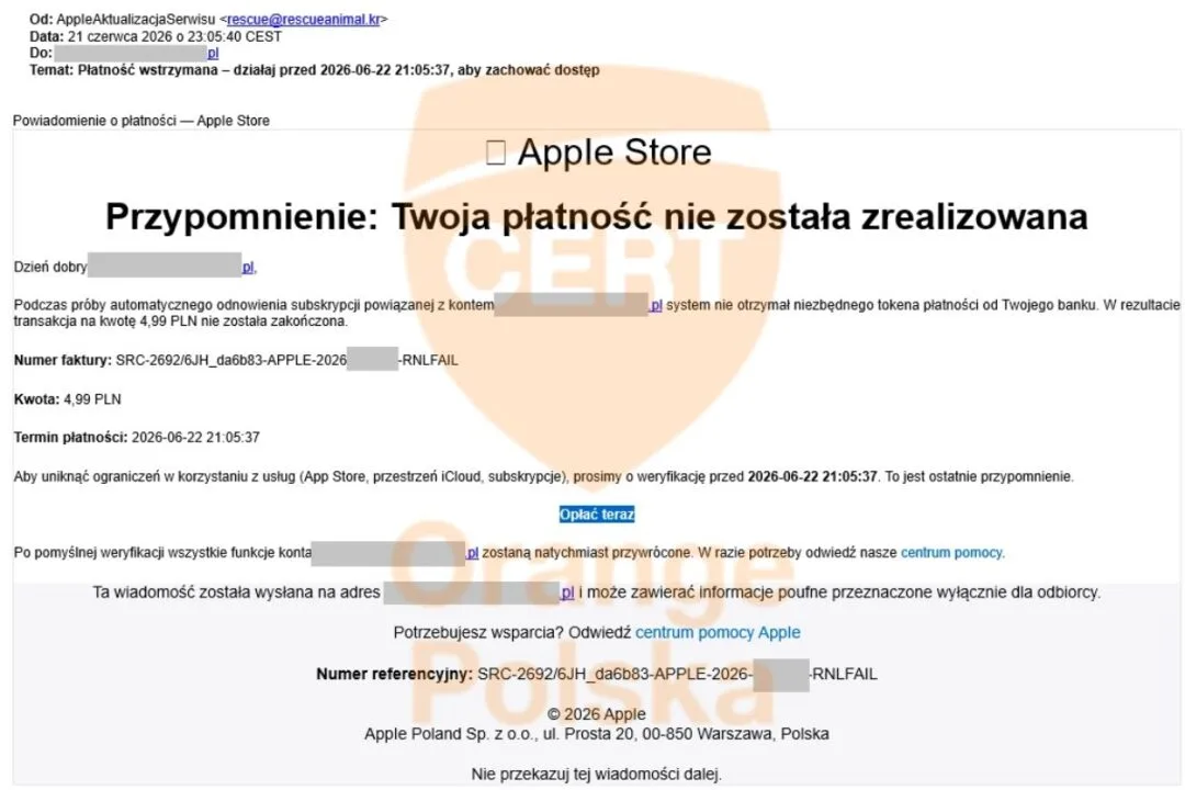 Jedną z prób oszustwa są rzekome problemy z płatnością za usługę. Źródło: CERT Orange