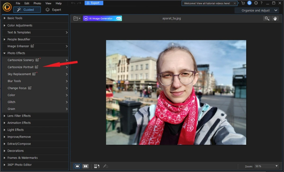 Funkcja Cartoonize Portrait w PhotoDirector 365