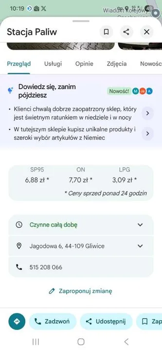 Google Maps ceny paliw
