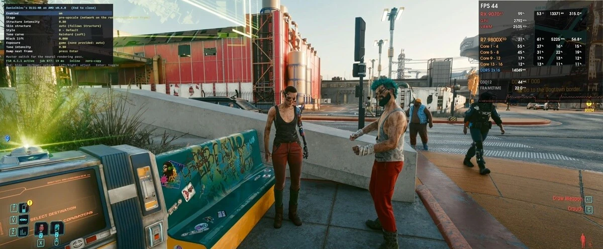 Cyberpunk 2077 i DLSS 5 0.4.0 na karcie AMD.