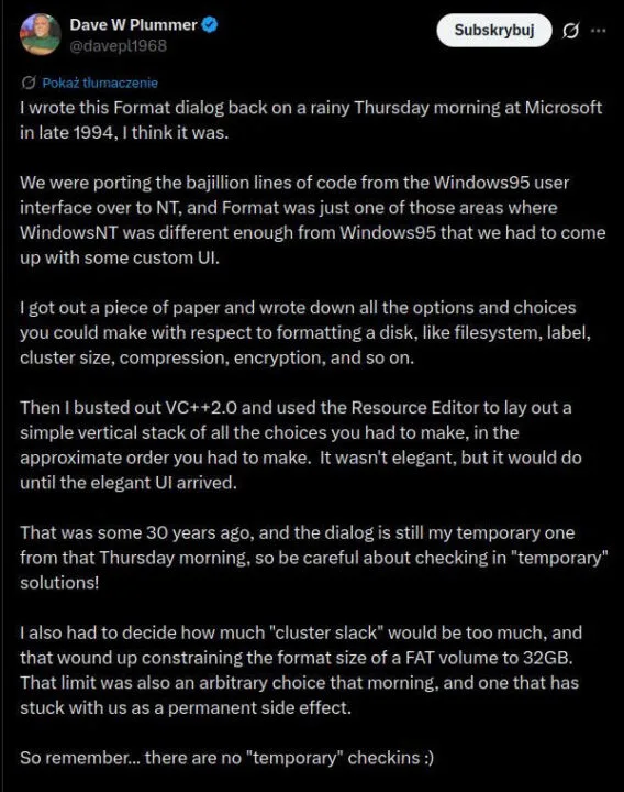 Post byłego inżyniera Microsoftu.