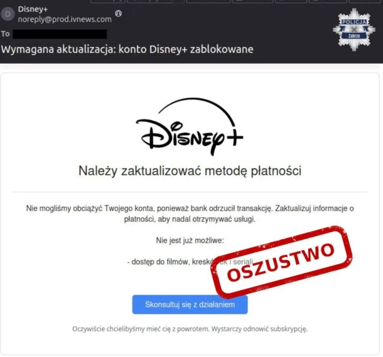 Takie fałszywe wiadomości przychodzą na skrzynki mailowe. Źródło: Policja
