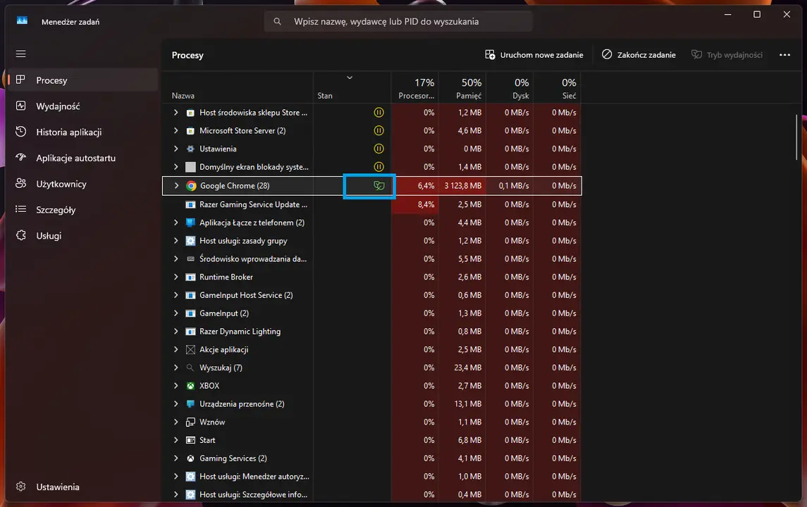 Ikonka liści w menedżerze zadań systemu Windows 11.