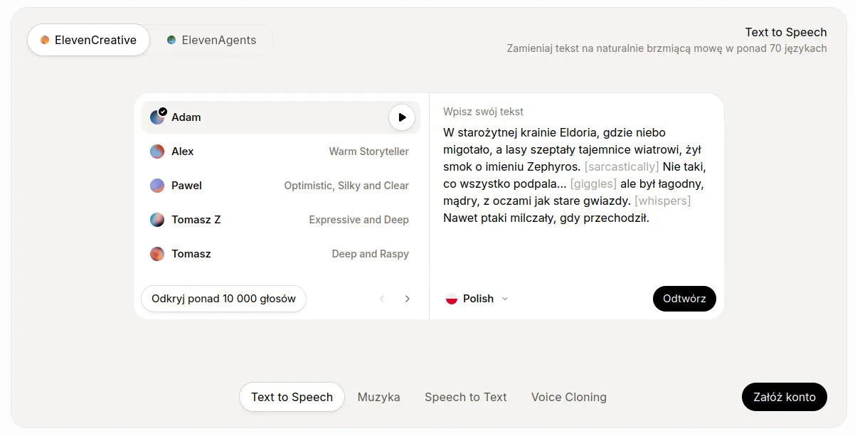 ElevenLabs. Przetwarzanie tekstu na mowę.