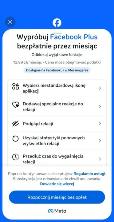 Subskrypcje Plus są już dostępne w Polsce. Źródło: Meta
