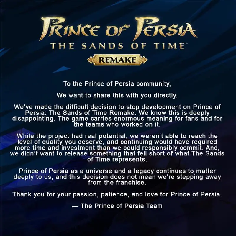 Ubisoft anulował remake Prince of Persia: Piaski Czasu