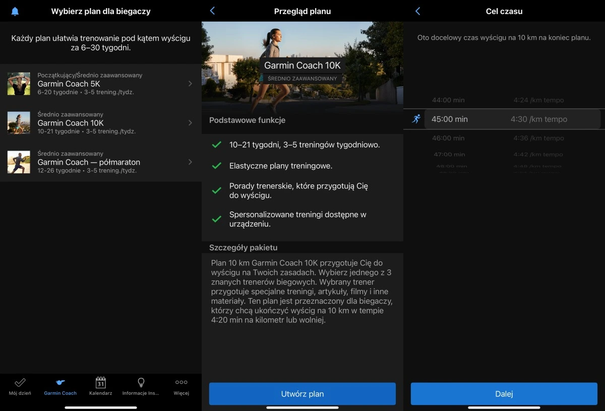Garmin Coach - wybór planu