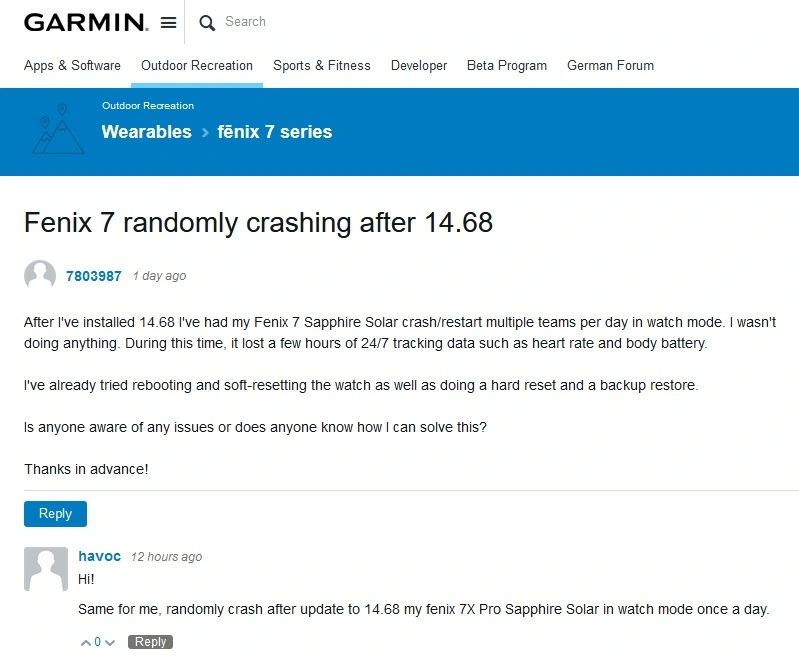 Fenix 7 losowa awaria po instalacji v14.68