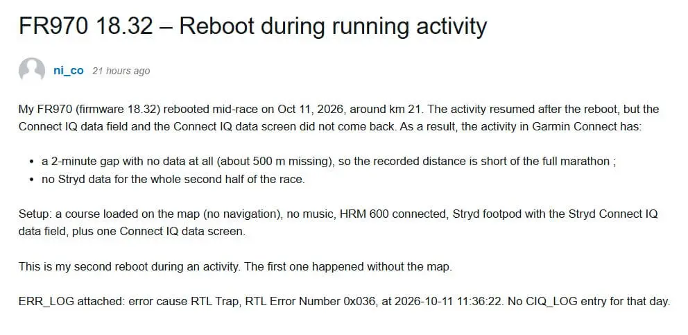 Garmin Forerunner reboot podczas aktywnosci