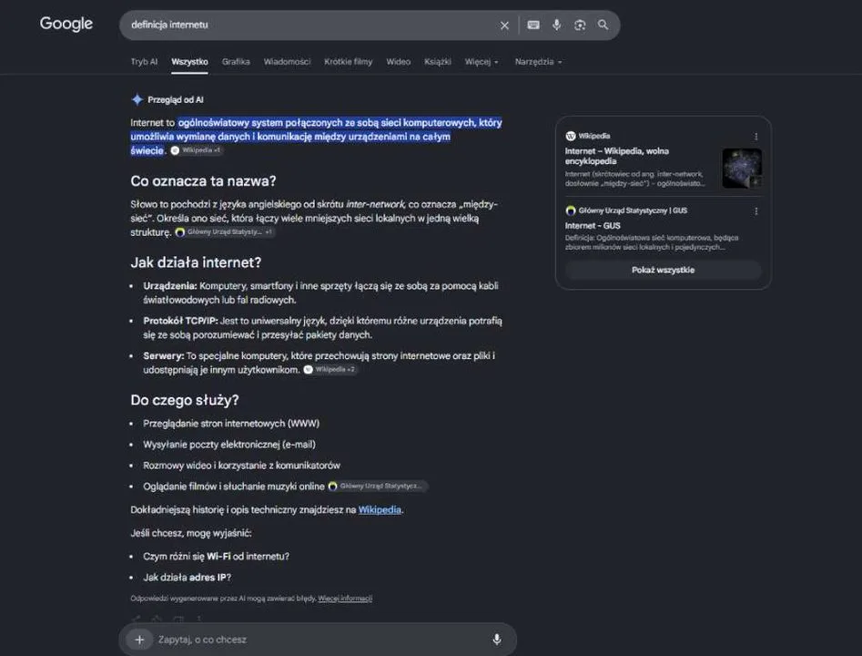 Wyniki wyszukiwania są coraz szersze dla odpowiedzi AI. Źródło: screen Google