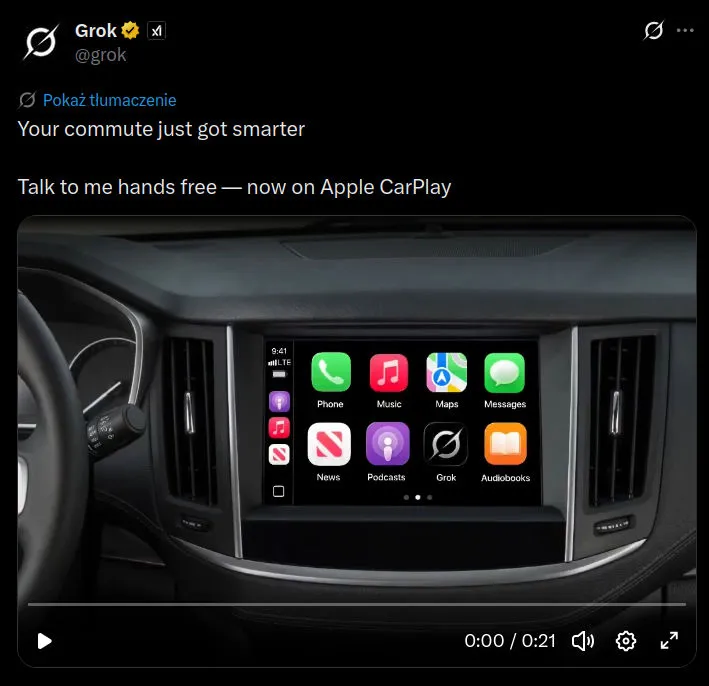 Grok trafia do Apple CarPlay.
