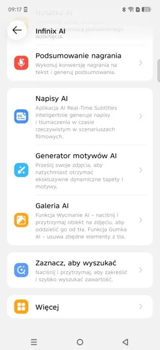 Menu w Infinix NOTE Edge