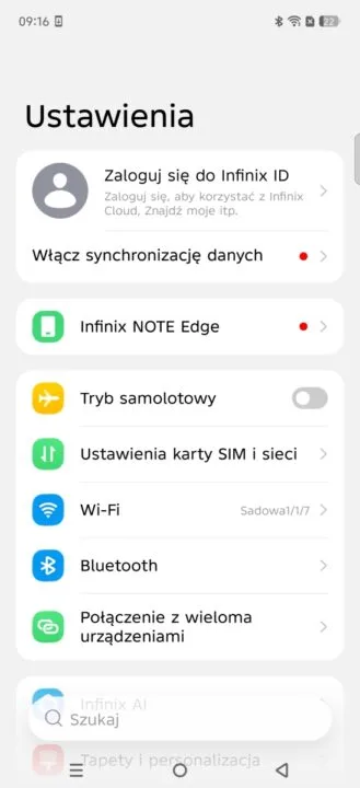Menu w Infinix NOTE Edge