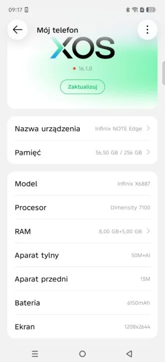 Menu w Infinix NOTE Edge
