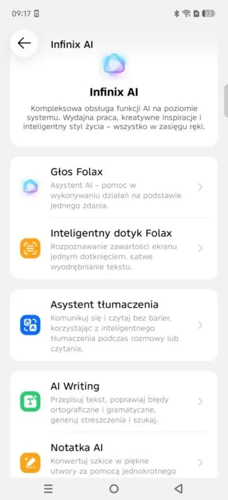 Menu w Infinix NOTE Edge