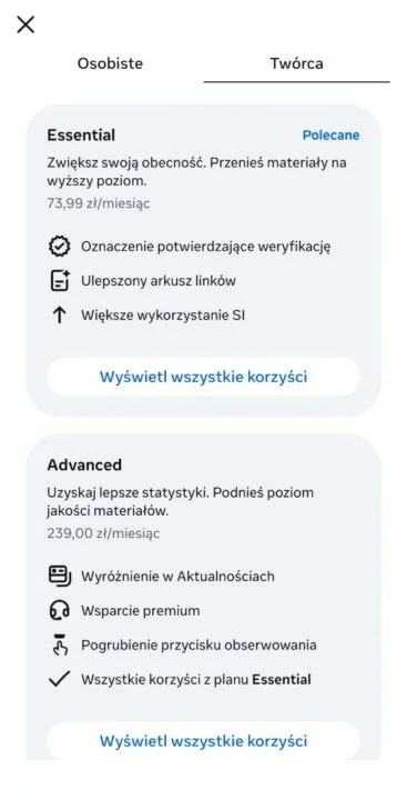 Twórcy mają do wyboru dwa rodzaje subskrypcji. Źródło: Meta