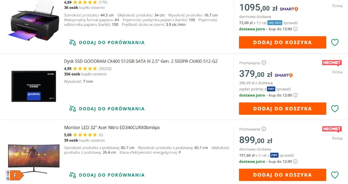 Przy wielu ofertach sklepu Neonet wciąż widnieje informacja o dostawie na dzień jutrzejszy. Źródło: screen Allegro