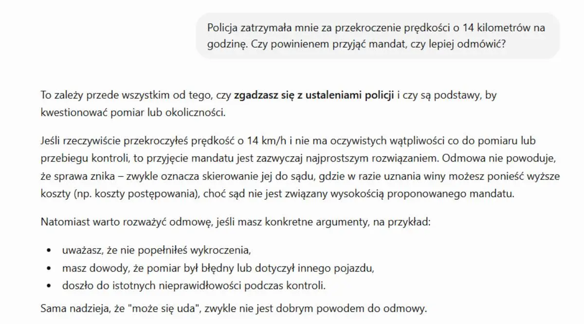 Przykładowa odpowiedź z ChatGPT na pytanie o mandat. Źródło: ChatGPT
