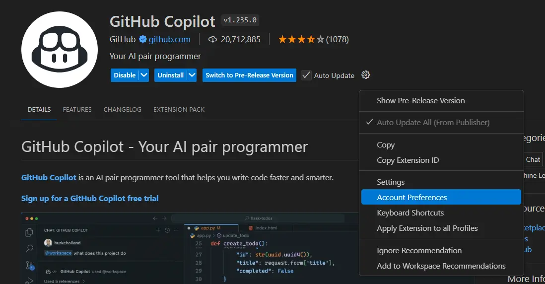 Preferencje konta dla rozszerzeń - VSC