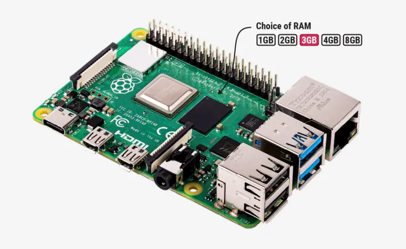 Raspberry Pi 4 z 3 GB RAM.