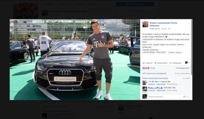Robert Lewandowski postanowił oddać Audi RS7? Kolejny fałszywy konkurs na Facebooku