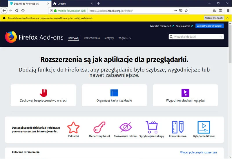 Kłopoty użytkowników przeglądarki Firefox. Nie działają niemal wszystkie rozszerzenia