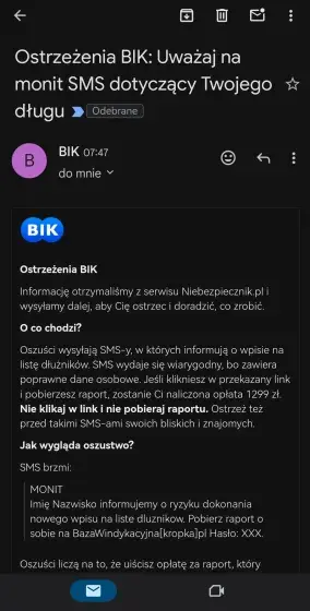 SMS o wpisie na listę dłużników