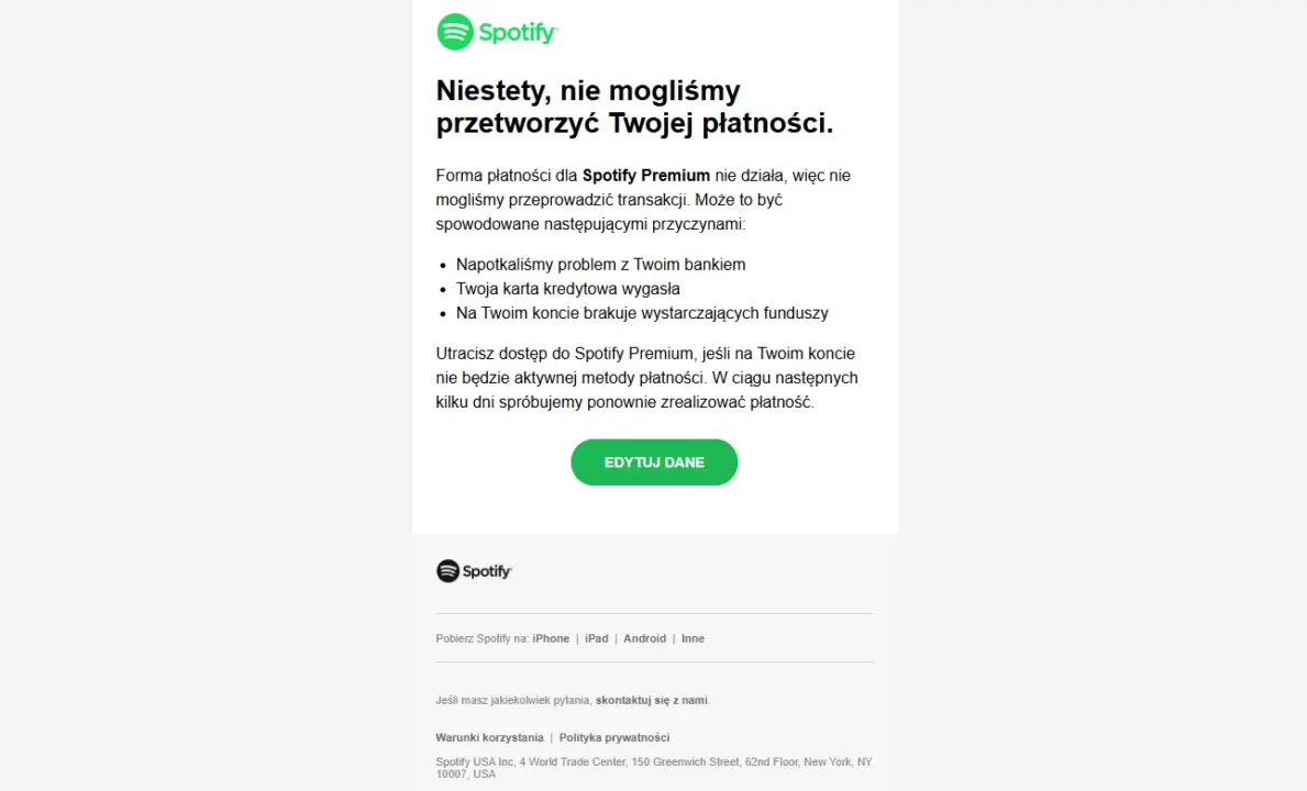 To nie jest e-mail od Spotify, tylko fałszywa wiadomość