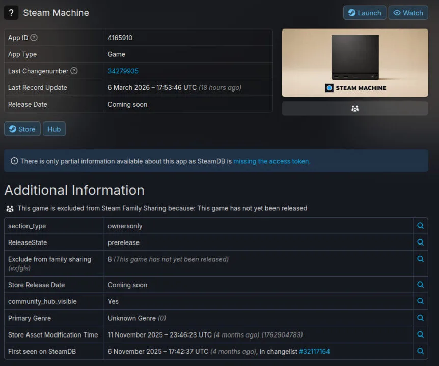 Steam Machine na stronie SteamDB.