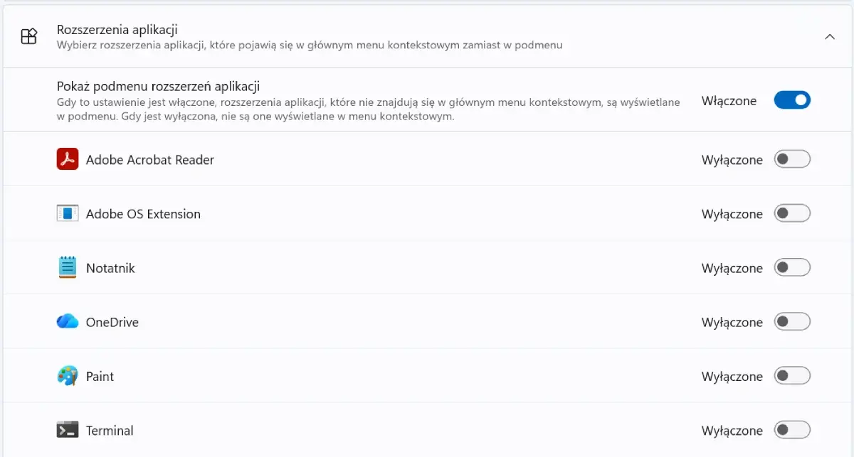 Można wyłączyć podmenu aplikacji / Źródło: screen Windows 11