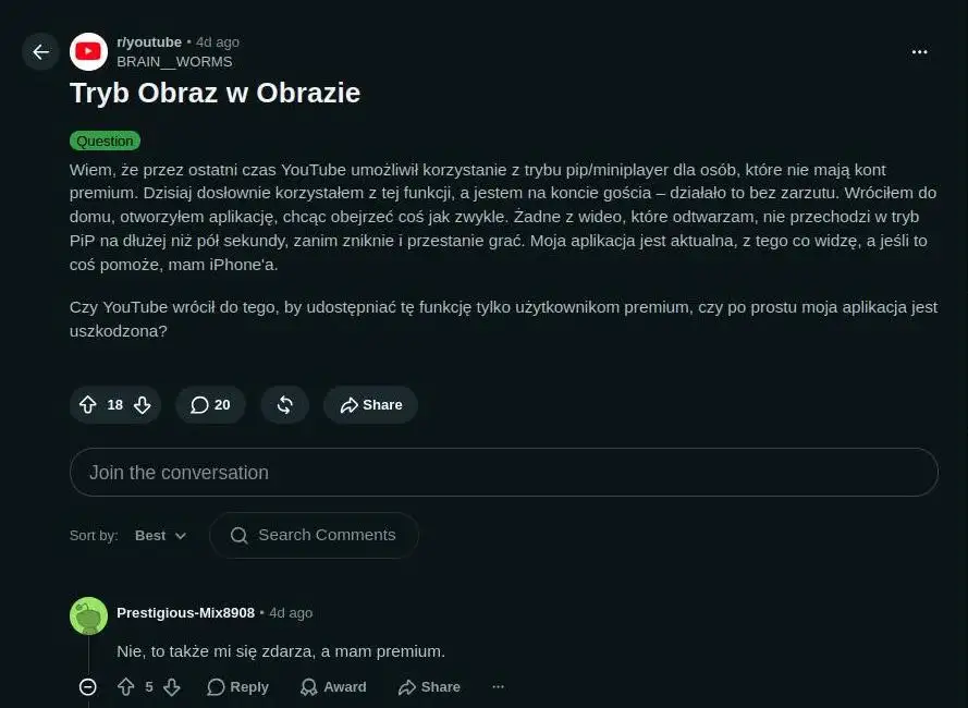 Informacje o problemie z YouTube pojawiły się w serwisie Reddit.