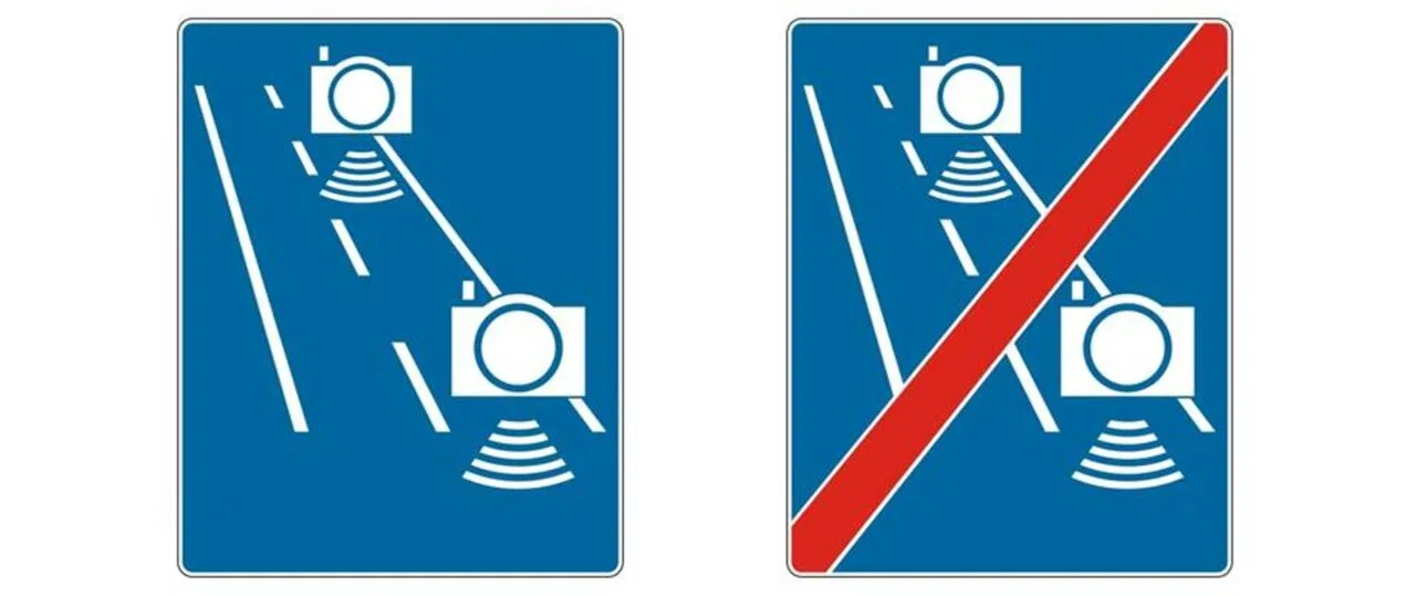 Te znaki informują o odcinkowym pomiarze prędkości. Źródło: Gov.pl