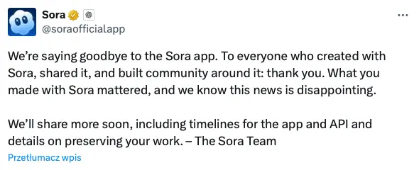 To koniec Sora, popularnego generatora wideo. OpenAI zamyka usługę