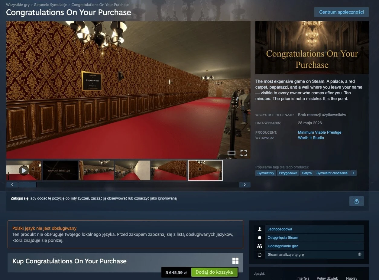Kosztuje na Steam prawie 4000 zł i nie ma zawartości. To najdroższa gra w historii