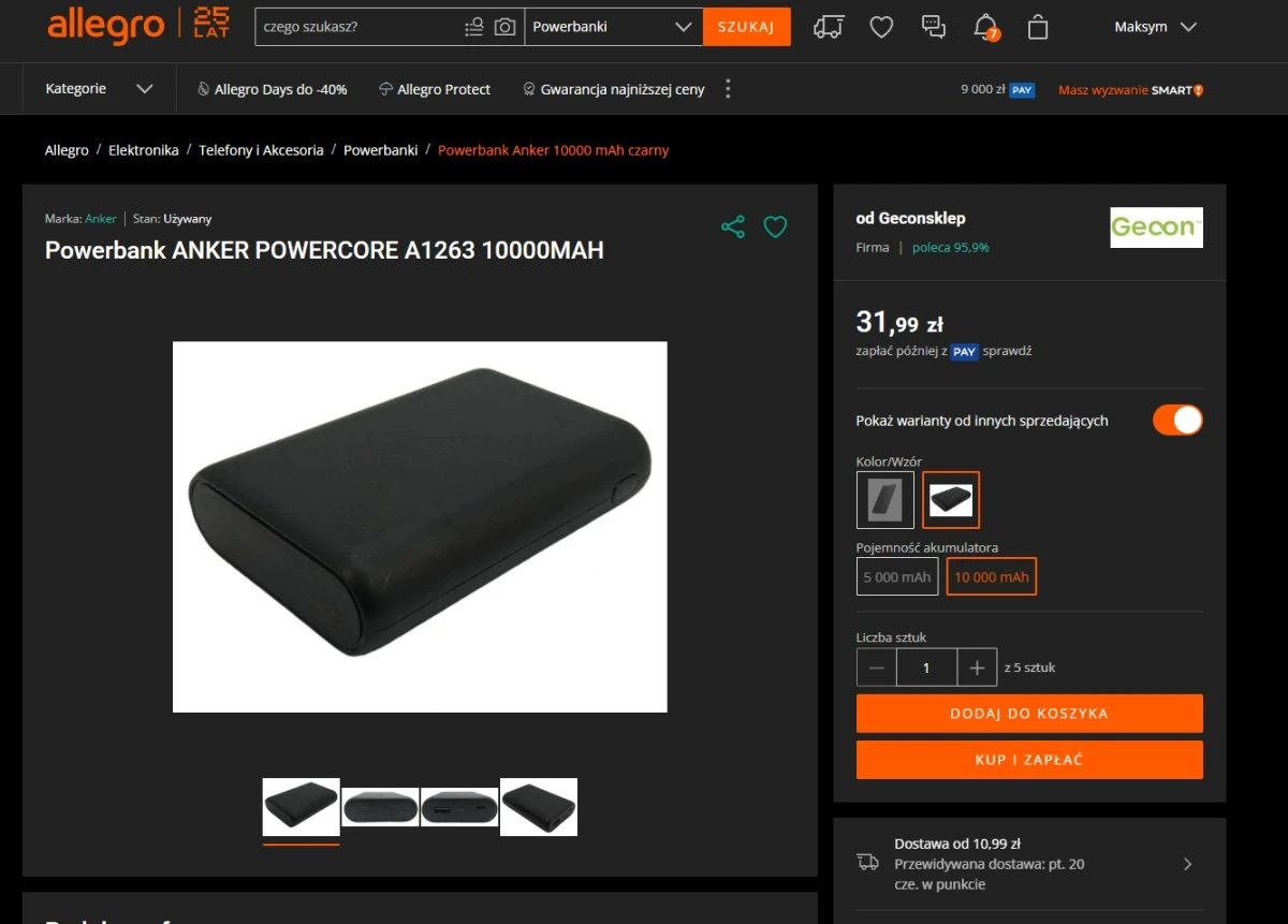 Anker PowerCore 10000 (A1263) sprzedawany obecnie na Allegro