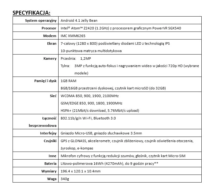 asus fonepad_specyfikacja